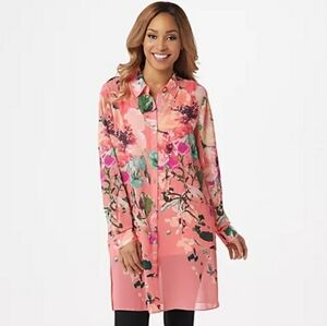 Dennis Bosso Top Floral Long-Sleeve Coral chiffon Button Down Tunic Size 12